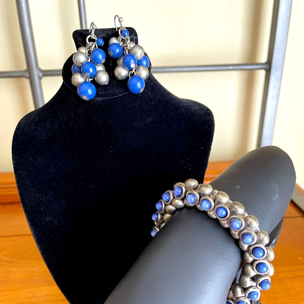 Navy and Silver Earrings and Bracelet Set